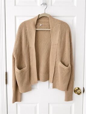 Beige Open-Front Knit Cardigan Sweater